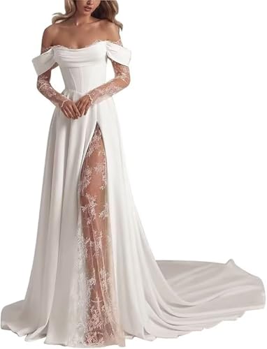 HAIBFJIN Satin Brautkleider Schulterfrei Hochzeitskleider mit Split Meerjungfrau Ballkleider mit Schlepptau