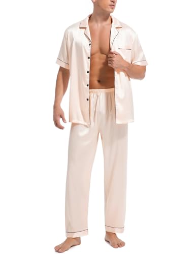 Couples Matching Pajamas Set Silk Satin Short Sleeve Sleepwear Men Button Down Loungewear Champagne Medium2