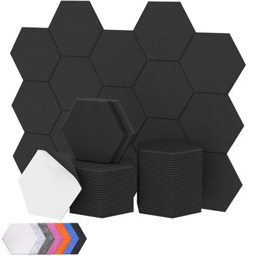 Hexagon Akustikplatten selbstklebend48 Stücke, TONOR Schallabsorber Schallschutz mit Hochdichte Wandfliesen Schall Dämmung30x26x1 cm für Studio, Büro, Akustische Behandlung und Wanddekoration Schwarz