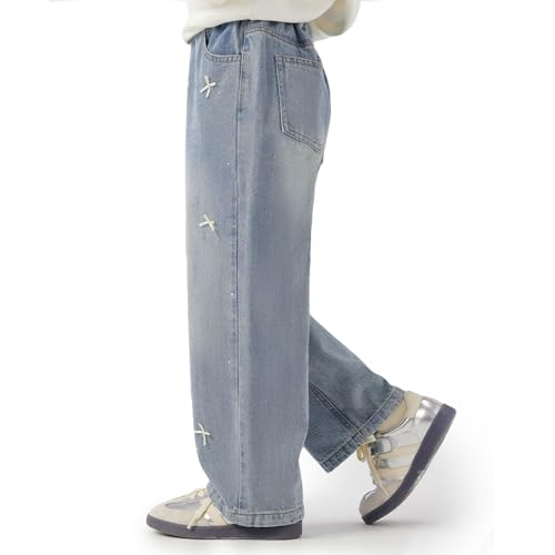 Baggy Jeans for Girls Rhinestone Bows Wide Leg Pants Adjustable Waist Pockets Cute Jeans for Girls Teen Kids Washed4