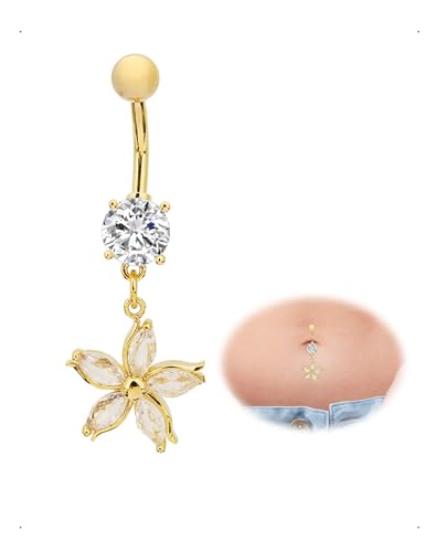 SanKristo Anillos para el Ombligo con Colgante de Flor de 42 mm, Hipoalergénicos Ombligo en Oro de 14 Quilates, Barras Curvas para Piercing con Circonitas Brillantes, Joyas Corporales para Mujer, Oro