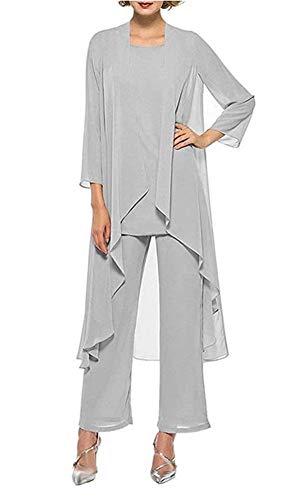 Honeydress Women's Chiffon Elegant Mother of The Bride Dresses Long Sleeve Three Piece Pant Suits Silver