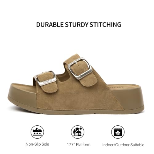 Image of Platform Sandals Women Genuine Leather Slip-on Beach Slide Buckle Comfortable Sandals with Memory Foam Soft Lining and Open Toe Low Wedges