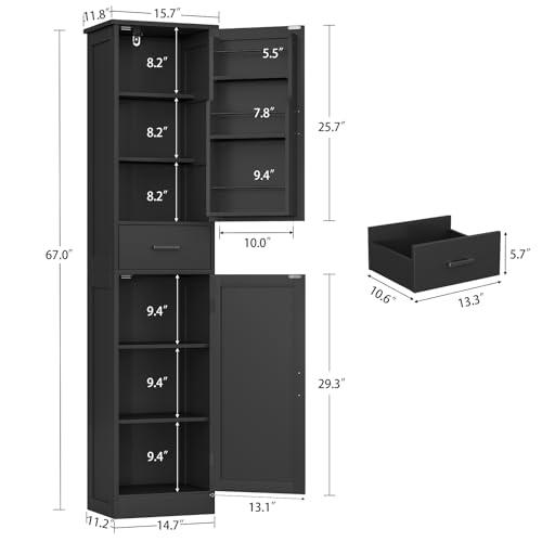 Image of TEENFON Tall Storage Cabinet with 3 Door Shelves & 1 Drawer, Narrow Kitchen Pantry Cabinet for Living Room, Bathroom, Entryway, Black