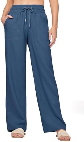 Yunmlep Damen Hose Sommer Leinenhose Lässige Baumwolle Leinen Stoffhose Freizeithose Leichte Sommerhose Strandhose Bequeme Palazzo Hose und Taschen