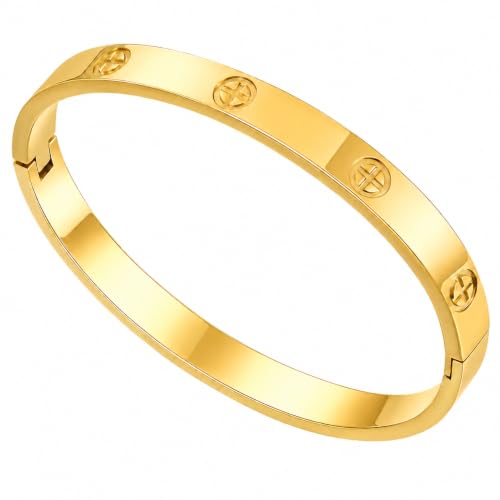 FOLOOTY Friendship Love Bracelet for Women - 18K Gold Plated Titanium Steel Cuff Bangle | Cubic Zirconia Jewelry Gift Simple & Durable Everyday Wear (S/M/L Size) (Gold Cross 7.5)