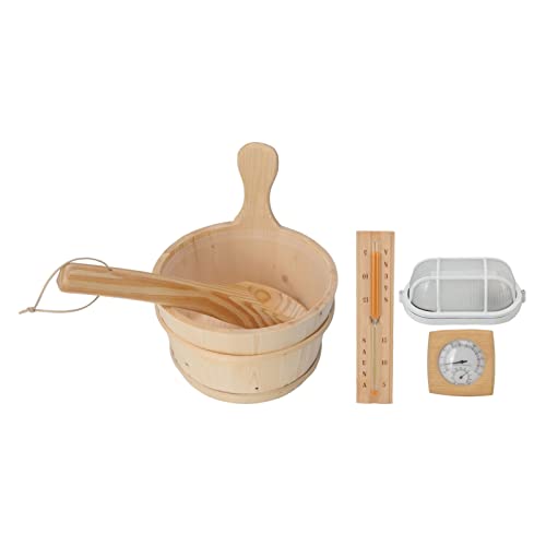 JAOCDOEN 4L Sauna Room Wooden Bucket Kit Bath Bucket Spoon Hygrothermograph Explosion Proof Lamp Hourglass Set with Liner