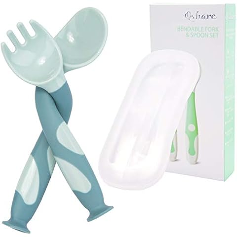 Baby Utensils Spoons Forks with Travel Safe Case for Toddler Babies Children Feeding Training Spoon Easy Grip Bendable Perfect Self Feeding Learning Stand Spoon Fork Cover