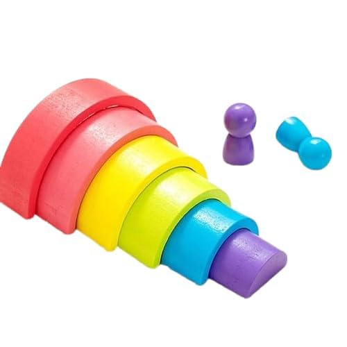 Image of Happy Hues Wooden Rainbow Stacking Blocks Toy Set, Montessori Geometric Nesting Building Blocks for Toddlers and Kids Ages 3+