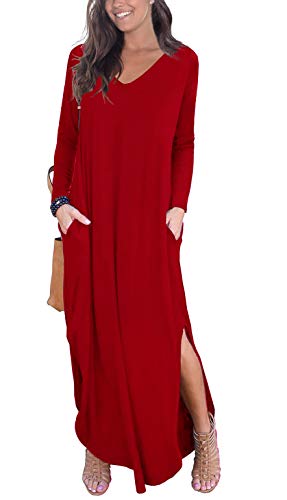 GRECERELLE Women's Casual Loose Pocket Long Dress Long Sleeve Split Maxi Dresses Red Small