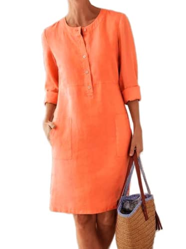 kevazingo Damen Leinenkleid Casual Lose Bequem Knielang Tshirt Kleider mit Taschen für Übergröße, Orange/Abendrot im Zickzackmuster (Sunset...