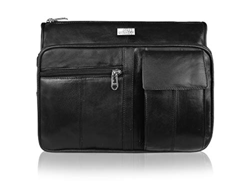 Quenchy London QL189M - Bolso de mano de piel auténtica para mujer, con 6 bolsillos, soporte grande para teléfono, correa ajustable en el pecho, estilo lateral de diseñador, Piel de vaca granulada,