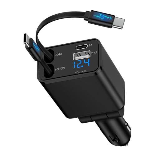 4 in 1 Zigarettenanzünder USB C, Einziehbares Auto Ladegerät 12V USB Adapter Kfz Schnellladegerät mit Typ C Ladekabel für iPhone 17 Pro 16 15, Samsung Galaxy S25 S24 S23 S22 A56 5G A55 A36 A26 A17 A16