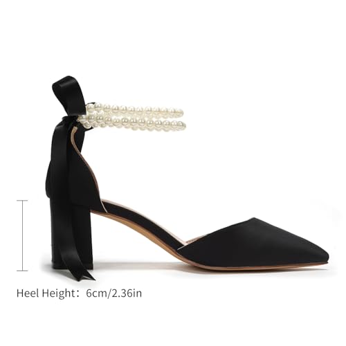 Elivandon J1585 Women's Satin Pointed Toe Mid-Heel Evening Sandals 2.36 inches Block Heel Bridal Party Wedding Pumps with Double Pearl Strap4