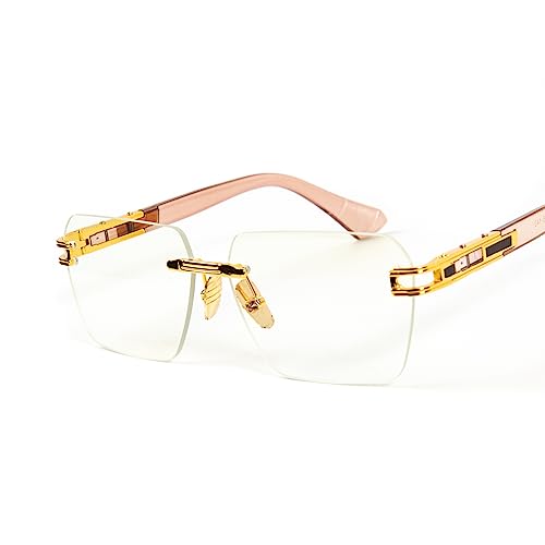 Street Knitted Men's Gold Frame Pink Arm Rimless Y2K Hip Hop Fashion Clear Lens Glasses2