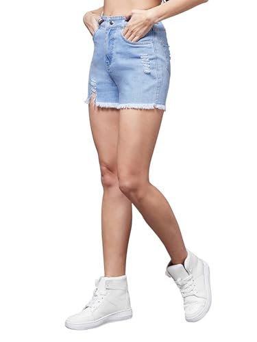 Image of Miss Chase Women's Relaxed Fit Mid Rise Highly Distressed Regular-Length Denim Shorts