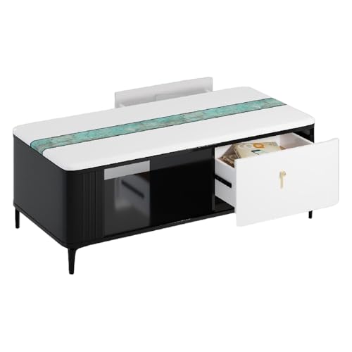 Image of Royaloak Sonet Marble Center Table | Metal Legs | High Gloss Reflective Finish | Italian Art Marble Table | Telescopic Channel | Drawer Storage | Bottom Shelf | Marble Top Centre Table