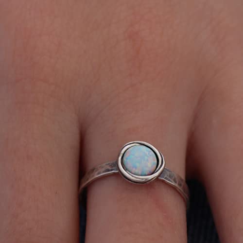Opal Sterling Silver 925 Ring Band For Women, White Stone Silver Ring, Hammered Silver Ring With Stone, Stacking Ring, Birthstone Ring (Created-Opal White, 6) #TOP4