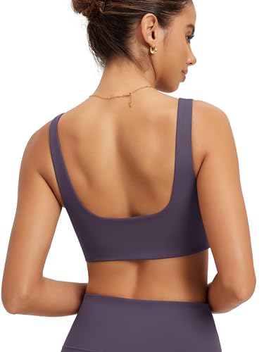 ODODOS Square Neck Sports Bra for Women Wirefree Non Padded Yoga Tank Workout Crop Tops, Dark Purple, Medium
