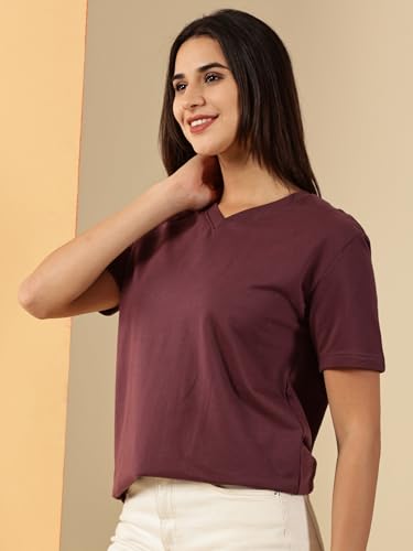 Image of Women's Pure Cotton Relaxed Fit V-Neck Half Sleeve T-Shirt | Gym Wear Casual Look T-Shirt | Regular Fitting with Comfort Wear for Women