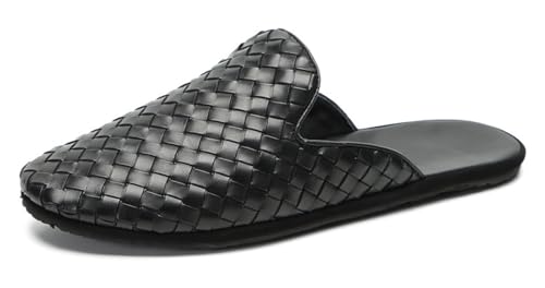 Santimon Men's Woven Leather Mules Slide Sandals, Slip-On Dress Casual Clogs Summer Shoes for Business, Comfortable and Stylish Open Back Slippers