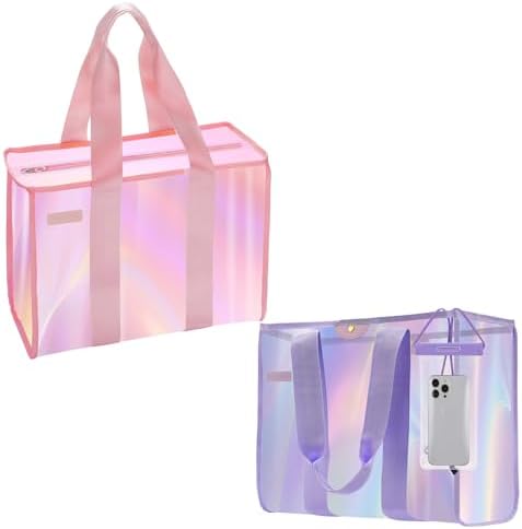 2-Piece 26L Iridescent Beach Bag Set - a Beach Tote Bag with Snap & a Clear Tote Bag with Zipper & Only One Purple Waterproof Phone Pouch