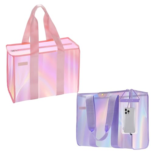 2PCS 26L Beach Bag Set - a Beach Tote Bag with Snap & a Clear Tote Bag with Zipper