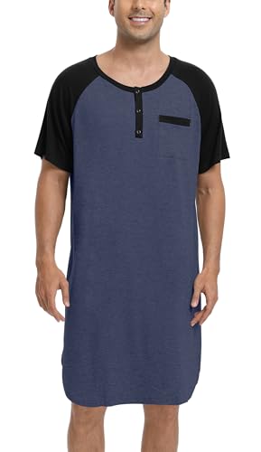 Enjoyoself Chemise de Nuit Homme Hauts de Pyjama Tee-Shirt Longueur Genou Col V avec Boutons Manches Courtes Vêtements d'Intérieur Douce Confortable Grande Taille Bleu...
