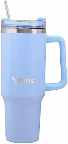 Vaso de 40 onzas con asa y tapa con popote, botella de agua de acero inoxidable de doble pared con aislamiento, perfecta para bebidas frías y