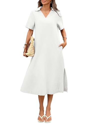 Image of Women's Linen Midi Dress Loose Fit Collared V Neck Short Sleeve Slit Dresses with Pockets