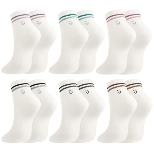 scenicamp Womens Stripe Ankle Socks with Smile Face - 6 Pairs Cute Cotton Low Cut Athletic Socks Embroidered Pattern Breathable Casual Quarter Sock for women Girls US 5-8