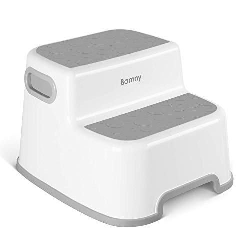 BAMNY Marche Pieds Grand, Enfant 2 Marches Antidéparant pour Apprentissage de la Propreté, Tabouret Enfant pour Salle de Bains/Toilette (Gris & Blanc)