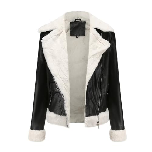 Womens Trendy Winter Coat Faux Lamb Fur Leather Cropped Lambswool Biker Jacket Lapel Zipper Bomber Aviator Coat4