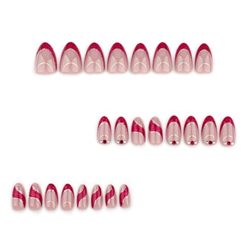 Image of Red French Tip Press on Nails Gold Line Fake Nails with Rhinestone Design Nude Glue on Nails Glossy Artificial Acrylic Full Cover Glitter Stick on Nails Short Almond False Nails for Women Manicure