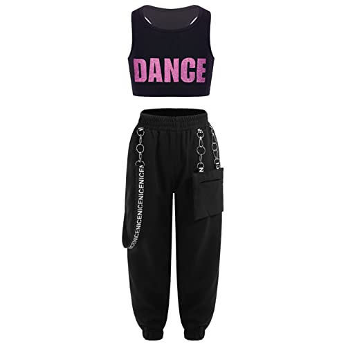 Image of FEESHOW Kids Girls Sports Crop Top with Elastic Waistband Trousers Cargo Pants for Gymnastic Dance Workout Outfit