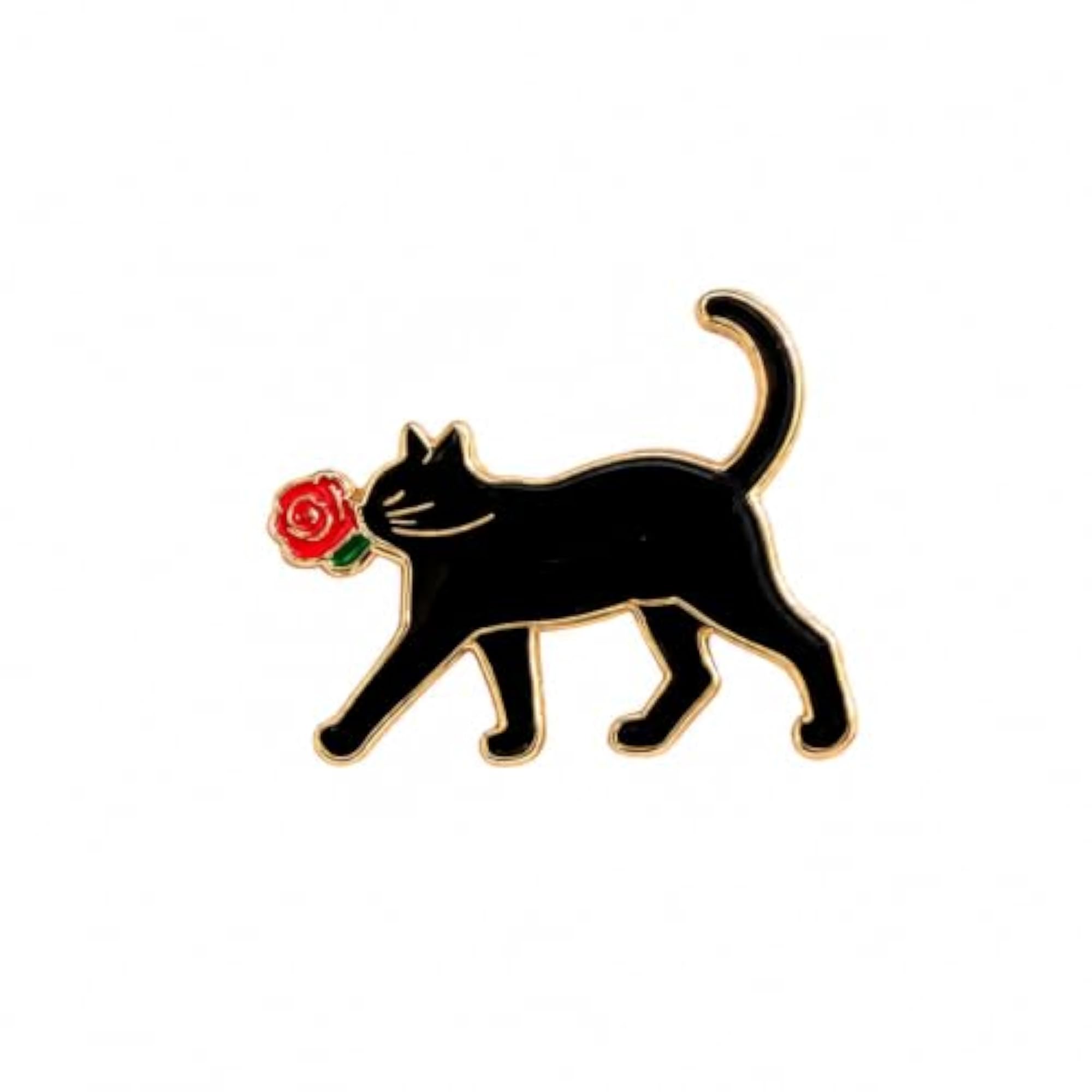 Black Cat Enamel Brooch Pin with Red Rose, Gothic Style