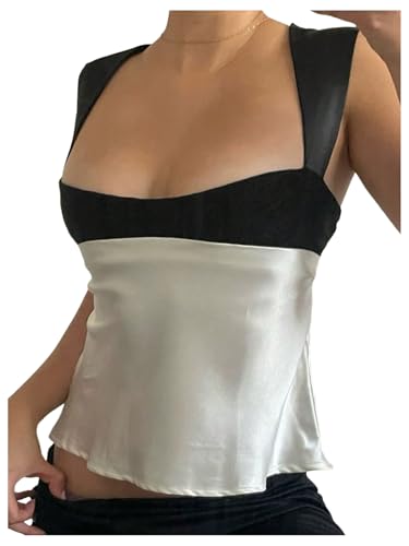 SOLY HUX Women's Satin Tank Top Color Block Scoop Neck Sleeveless Tie Back Summer Tops