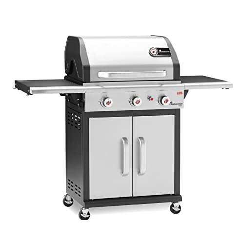 LANDMANN | Gasgrill 3 Brenner | Gusseisenrost | Grillfläche: ca. 65 x 44 cm | Für 4-6 Personen | Deckelthermometer | Elektronische Zündung | 4 feststellbare Rollen | Klappbare Seitentische | Silber