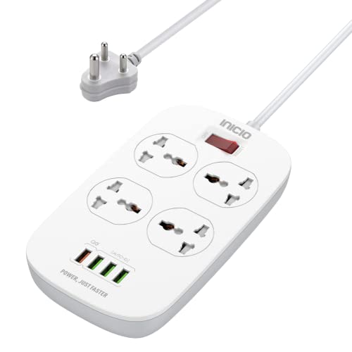 Image of INICIO QC3.0 Fast Charge Extension Board [ 18W QC3.0 + 3 USB Ports + 4 Universal Sockets ] 2500W 10A Power Strip Surge Protector with 2m Heavy Duty Indian 3 Pin Cord for Home Office Use