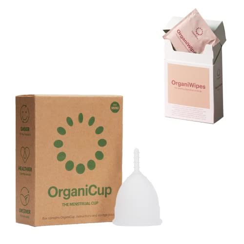 OrganiCup Menstrual Bundle - Reusable Soft Foldable Menstrual Cup Size Mini & Menstrual Cup Wipes 10pcs. Period Cup for Light to Heavy Flow - Ultimate Essential Period Kit