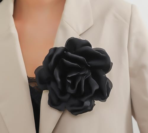 Image of Satin Fabric Rose Flower Brooches Pins for Women Elegant 3D Large Camellia Flowers Floral Lapel Pins for Valentines Day Wedding Bridal Prom Banquet Party Dress Suit Clothes Accessories