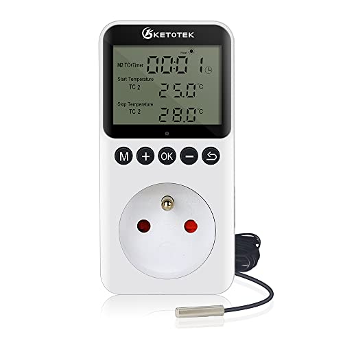 KETOTEK Prise Thermostat Jour/Nuit Régulateur de Température Numérique avec Minuterie pour Terrarium Serre Chauffage Refroidissement Contrôleur 220V avec...