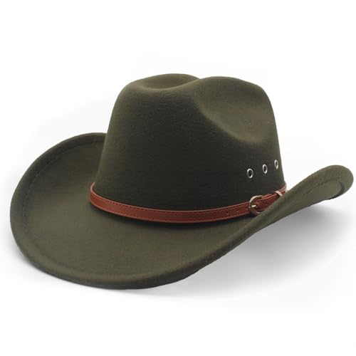LIDHAY Cowboy Hat for Women and Men Felt Wide Brim Classic Outdoor Fedora Hats Western Cowboy Cowgirl Hats with Belt Buckle 3 Army Green