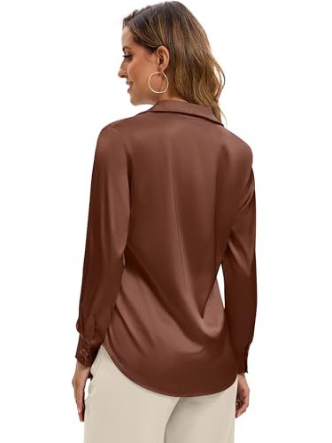 Image of Premium Soft Breathable Stretch Satin Silk Button Down Shirts for Women Long Sleeve Leopard Blouses Work Dress Tops