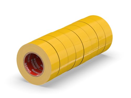 ERKO Cinta aislante 19mm x 20m amarillo 8 piezas, adhesiva para instalaciones eléctricas PVC, para aislar y reparar cables eléctricos, extrafuerte, agrupar cables