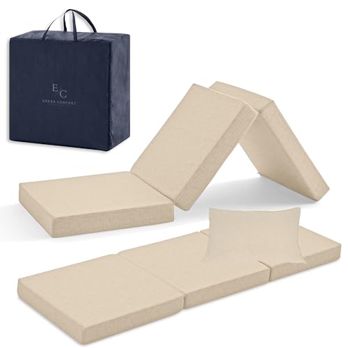 EROSS CONFORT Colchones Plegables Invitados 120x195 Espuma HD de Memoria Transpirable para Juegos de Niños, Camping. Muy Versátil. Funda Lavable Altura 10 cm Color Beige. con Bolsa y cojín.