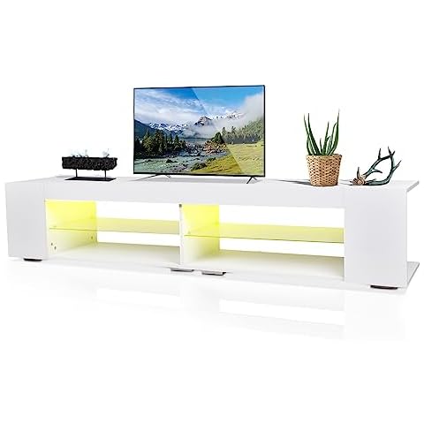 ATGHYURT Modern Solid Wood TV Stand,LED Television Stand for 75 inch TV,Mid Century Modern Entertainment Center,TV Media Center with 4 Open Storage and Tempered Glass Shelf for Living Game Room Cover