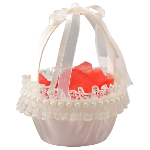 Cesta de niña de flores – Soporte de pétalos de satén y encaje de 6.7 pulgadas | Cesta de ceremonia con de cinta para jardín, césped, playa, pasillo, decoración para interiores y exteriores