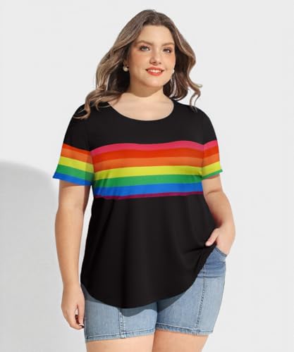 Image of CARCOS Plus Size Tops for Women Short Sleeve Summer Pullover Color Block Crewneck /V Neck Tee Tunic Loose Fit Tshirts XL-5XL