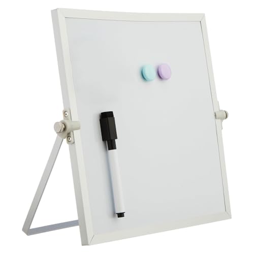 Image of Amazon Brand - Solimo Mini Dry Erase Double-Sided White Board with 360 Rotating Adjustable Stand | Aluminium Frame | Accessories Included | Portable (25 x 25 cm)